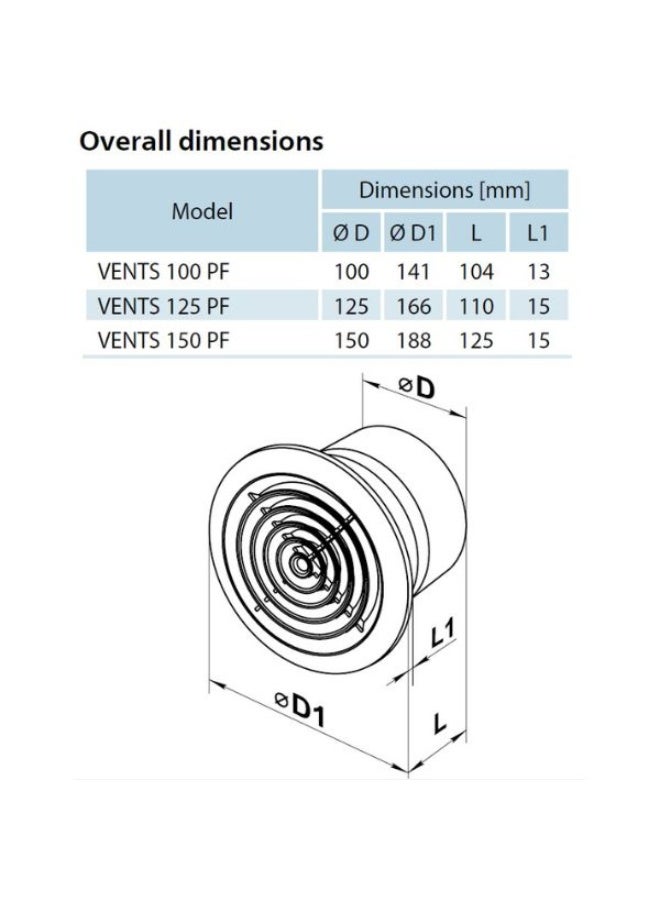 ونتس مروحة شفط محورية VENTS PF 125 | مروحة شفط تُركّب على الحائط والسقف للمطبخ والحمام والدش - Image 3